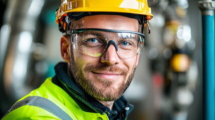 confident electrical technician in safety gear smiles while working in industrial environment. His bright yellow helmet and protective glasses highlight his commitment to safety