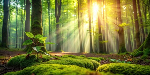  A small sprout emerges from the mossy forest floor as the sun's rays pierce through the canopy, creating a magical atmosphere