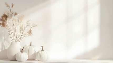 Minimalistic autumn decor with white pumpkins and plenty of copy space  -  