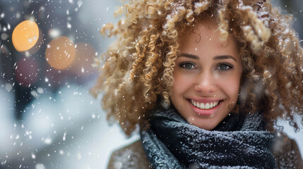 Wall Mural - Carefree positive woman wearing winter season look clothes having fun outdoor on Christmas city street on abstract bokeh light and snowflake background