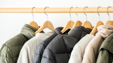 Wall Mural - A collection of vibrant puffer jackets hangs neatly on wooden hangers, illuminating the minimalist closet with soft lighting against white walls and wood shelves