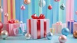 © Sawitri - A vibrant scene featuring beautifully wrapped gift boxes adorned with ribbons and shimmering ornaments, perfect for festive celebrations and holiday decorations.