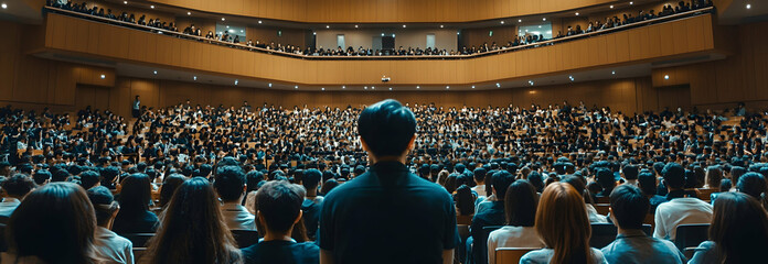 Rear view of an audience in a conference hall, focusing on a speaker delivering a talk -  