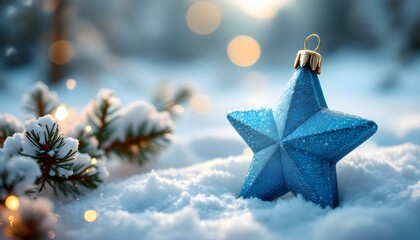 Wall Mural - winter decoration with a blue star and snowflakes on a snowy landscape background