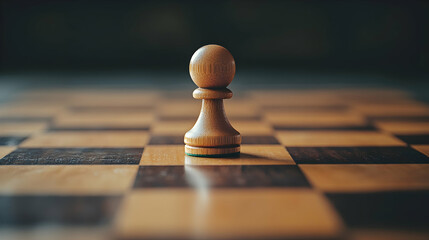 Single wooden chess pawn placed prominently on a chessboard during a game  -  