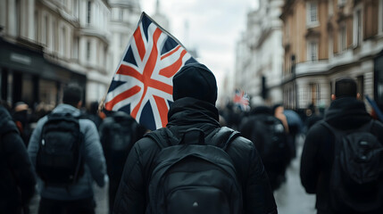 The end of free speech censorship with protestors marching in the streets, British flag in the background --ar 25:14 -