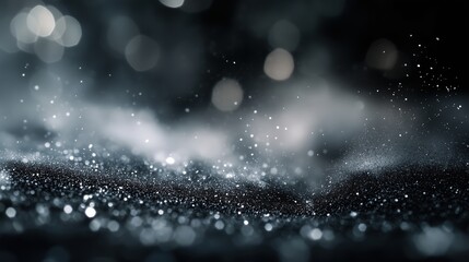 Fototapete - Mysterious abstract background with floating dust particles and soft bokeh lights, illuminated against a dark grey and black backdrop. The smooth blend of light and shadow creates an ethereal, dreamy 