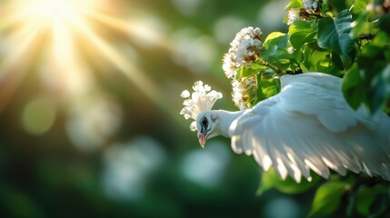 A beautiful white peacock perches among blooming branches, illuminated by radiant sunshine, symbolizing renewal and elegance amid the vibrant natural landscape.