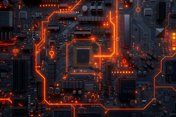Poster - intricate circuit board with glowing orange highlights