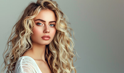 Perfect beauty fashion model with make-up, clear skin and blond long shiny wavy hairstyle. Hair care, coiffure and cosmetic concept