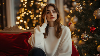 Woman wearing a white oversized sweatshirt in a Christmas-themed setting --ar 25:14 -