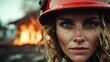 © Larisa AI - A fearless firefighter in a red helmet stands close to fierce flames, embodying courage and strength amidst danger, as she confronts the raging fire.