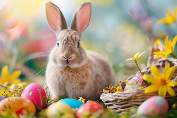 Easter rabbit with a basket of eggs. Happy Easter Bunny on a Easter card background with flowers and bokeh light. Cute hare