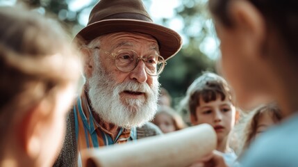 An elderly man with a warm expression and a full white beard passionately tells a story to a group of enthralled children in a picturesque outdoor setting.