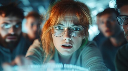 Poster - A woman in glasses intently examines a glowing screen in a science lab, surrounded by curious colleagues, highlighting concentration and discovery.