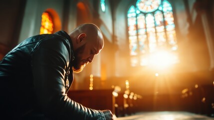 A thoughtful man kneels in prayer within a sunlit church interior, surrounded by glowing stained glass, symbolizing faith, hope, and the divine in a sacred space.