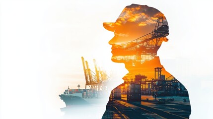 Wall Mural - Double exposure photography of engineer man and the business Logistics and transportation of Container Cargo ship and Cargo plane with working crane bridge.