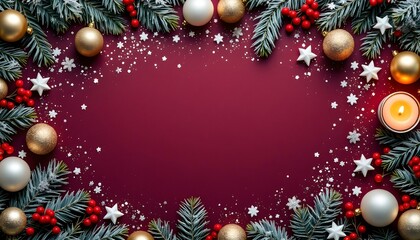 Wall Mural - magnificent christmas decor to enjoyable party. top view of gleaming balls, star-shaped candles, sca