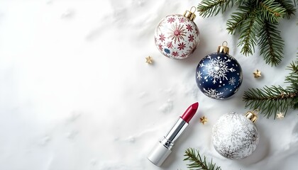 Top view on Christmas decoration baubles and lipstick