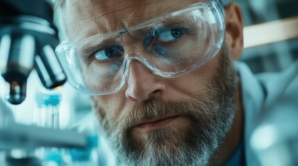 Poster - A focused scientist with safety goggles peers intently through a microscope in a laboratory setting, highlighting research and experimentation in modern science.