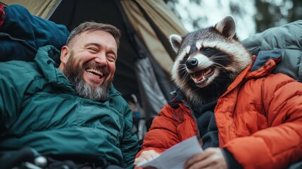 A man with a big smile laughs heartily, sitting in a tent with a raccoon wearing colorful coats, suggesting a humorous and unexpected camping adventure.