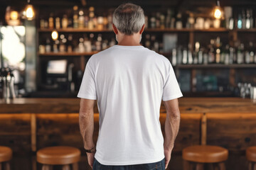 back of white t-shirt mockup. typical man 50-60 years old stands on background of bar