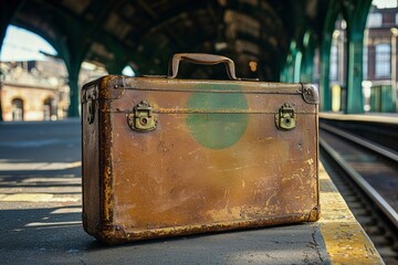 Vintage Suitcase Abandoned on a Train Platform