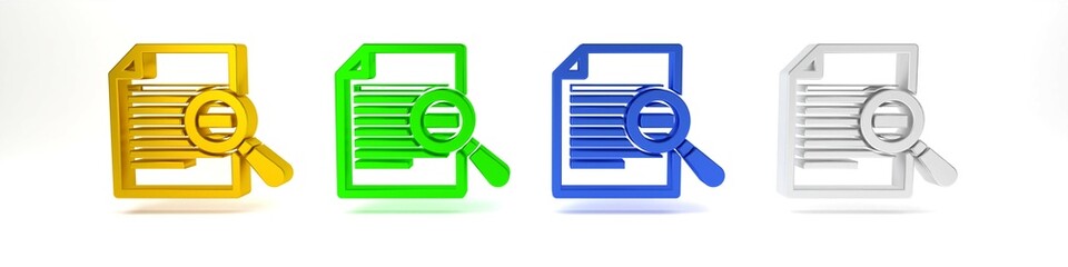 Poster - Colorful Document with search icon isolated on white background. File and magnifying glass icon. Analytics research sign. Minimalism concept. 3D render illustration