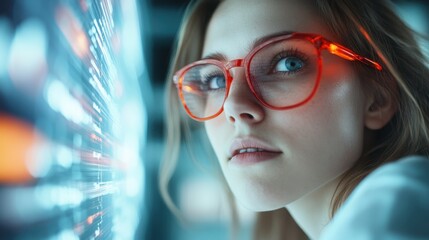 Poster - A thoughtful woman wearing red glasses gazes at an illuminated digital screen, reflecting a sense of curiosity and contemplation in a high-tech environment.