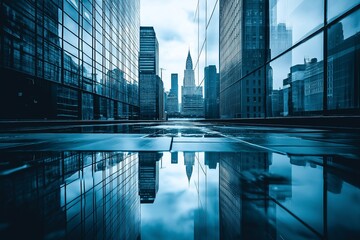 Impressive city skyline reflections captured in the glass surfaces of urban architecture against clear blue skies.