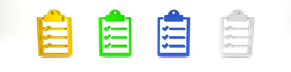 Poster - Colorful Clipboard with checklist icon isolated on white background. Minimalism concept. 3D render illustration