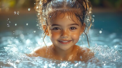 joyful young girl splashing in a sunny pool surrounded by vibrant greenery and azure waters capturing the essence of a carefree vibrant lifestyle filled with laughter and happiness