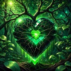 a glowing emerald heart, shaped like a tree, is nestled within a forest. its vibrant green surface g