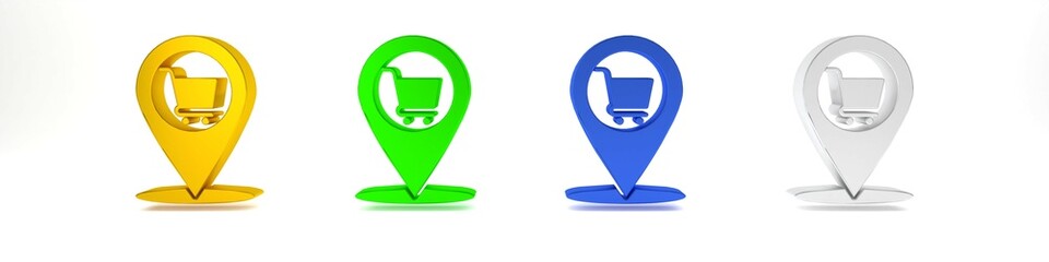 Poster - colorful map pointer with shopping cart icon isolated on white background. pin point shop and shoppi
