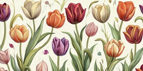 Poster - Colorful tulips fill this vibrant floral pattern. The intricate details of each flower create a beautiful harmony. Perfect for nature lovers and decorative arts. AI