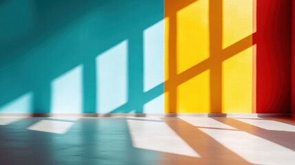 Poster - Bright and colorful shadows are playfully cast on a textured wall by natural sunlight, creating a vibrant and artistic visual effect indoors.
