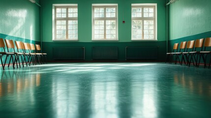 Poster - A long, empty hallway features large windows casting linear shadows on the polished floor, creating a tranquil and structured spatial environment bathed in light.