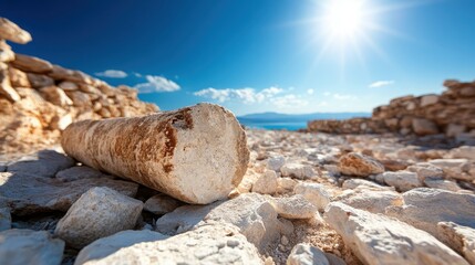 An ancient column lies on a sunlit, rocky ground beside stone walls under a clear blue sky, symbolizing history and timeless beauty amidst ruins.