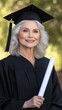 © pvl0707 - An elderly woman proudly graduates, dressed in a black gown and cap, holding her diploma against a softly lit outdoor backdrop
