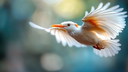 An exquisite white bird with a striking orange beak soaring against a dreamy bokeh background, its wings gracefully capturing the enchanting play of light and shadows.