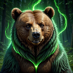 A closeup portrait of a brown bear in a lush green forest. The bear has a glowing green energy aura around its neck and head, giving it a mystical appearance.