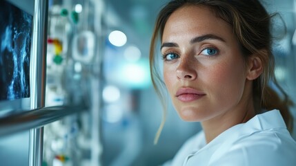Poster - A female scientist in a lab coat stands in a futuristic laboratory with a thoughtful expression, surrounded by lab equipment and a digital screen showing data.