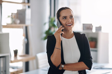 Canvas Print - Office, businesswoman and thinking with phone call for talking, communication and chat with client. Career, female person and consultant with mobile for contact, networking and happy with listening