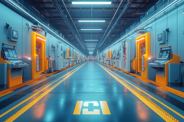 Wall Mural - Modern indoor factory perspective symmetrical corridor