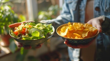 One hand holding bowl of vegetable salad, other holding chips. Healthy natural organic fresh vegetarian food vs unhealthy processed fast junk food