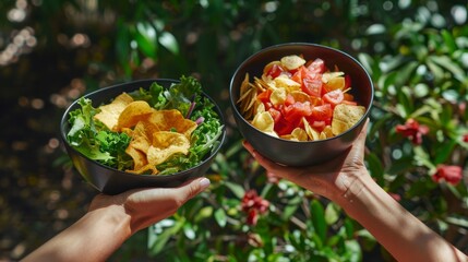 One hand holding bowl of vegetable salad, other holding chips. Healthy natural organic fresh vegetarian food vs unhealthy processed fast junk food