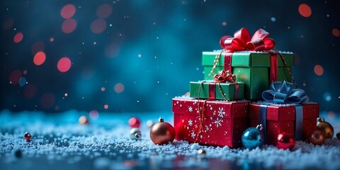 Poster - Stack of wrapped gifts with ornaments and snow