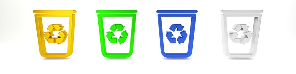 Poster - Colorful Recycle bin with recycle symbol icon isolated on white background. Trash can icon. Garbage bin sign. Recycle basket sign. Minimalism concept. 3D render illustration