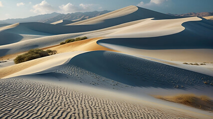 panoramic landscape view of sand dune desert with blue sky and natural light