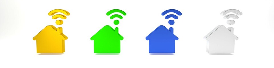 Poster - Colorful Smart home with wi-fi icon isolated on white background. Remote control. Minimalism concept. 3D render illustration